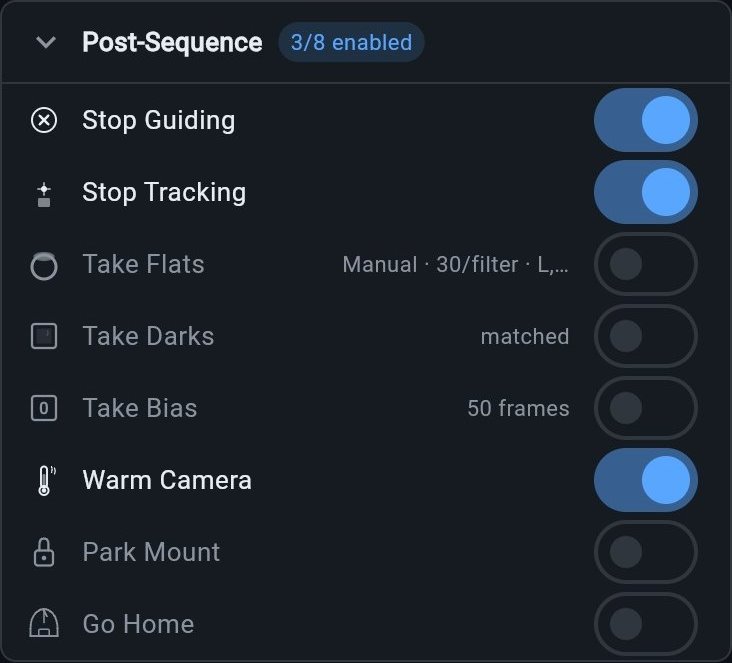 Post-sequence automation — stop guiding and tracking, flats, darks, bias, warm camera, park mount, go home