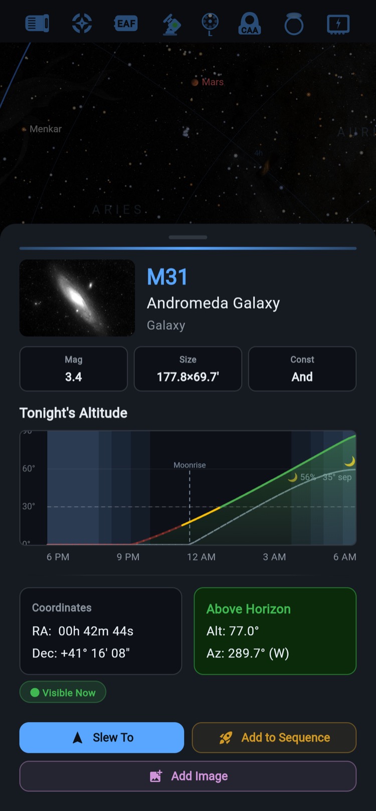 ARIS on iPhone — M31 Andromeda Galaxy target detail with tonight's altitude curve and slew controls